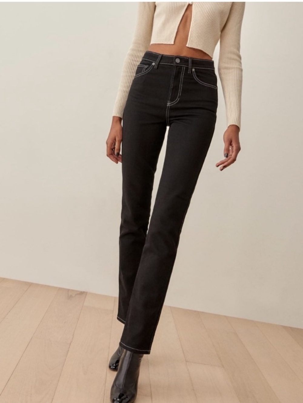 Reformation Sierra High Rise Straight Leg Black Denim Jeans White Stitch Size 28
